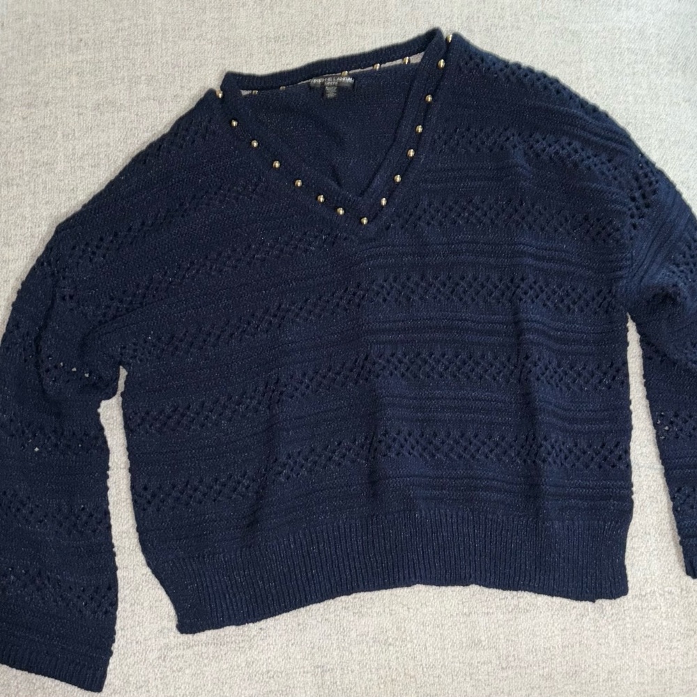 Adrienne Landau Blue V-Neck Sweater with Textured Knit